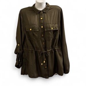 Bongo Olive Green Button-Up light Jacket with Gold Accents